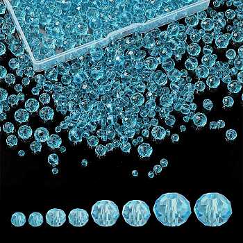 8 Strands 4 Size Transparent Glass Beads Strands, Faceted, Rondelle, Cyan, 3~8x2~6mm, hole: 0.4~1mm, 65~155Pcs/strand, 15~16.9 inch(38~43cm), 2 Strands/size