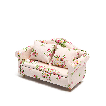 Double Seats Mini Wood Sofa, with Flower Pattern Cotton Cloth Cover & Pillow, Dollhouse Furniture Accessories, for Miniature Living Room, Pink, 64x135x72mm