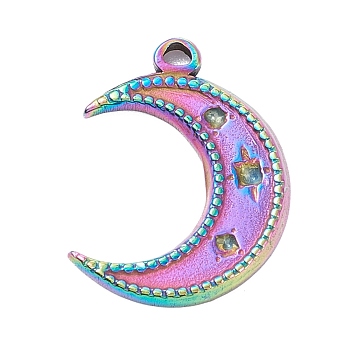 Vacuum Plating 304 Stainless Steel Pendant Rhinestone Cabochons, Moon, Rainbow Color, 18x13.5x1.5mm, Hole: 1.5mm, Fit for 1mm Rhinestone