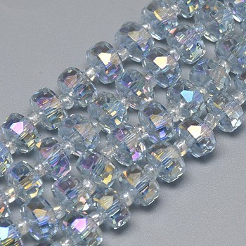 Electroplate Glass Beads Strands, Rainbow Plated, Faceted, Flat Round, Light Steel Blue, 7~8x5mm, Hole: 1mm, about 80pcs/strand, 21.26 inch