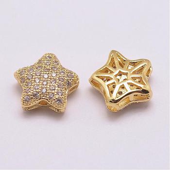 Brass Micro Pave Grade AAA Cubic Zirconia Beads, Long-Lasting Plated, Cadmium Free & Nickel Free & Lead Free, Star, Hollow, Real 18K Gold Plated, 11x12x4.5mm, Hole: 1.5mm
