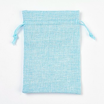 Polyester Imitation Burlap Packing Pouches, Drawstring Bags, Pale Turquoise, 14x10cm