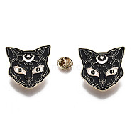 Alloy Brooches, Enamel Pin, with Brass Butterfly Clutches, Cat Shape, Light Gold, Black, 37x37.5x2mm, Pin: 1mm(X-JEWB-S011-063)