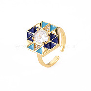 Brass Micro Pave Clear Cubic Zirconia Cuff Rings, Open Rings, with Enamel, Cadmium Free & Nickel Free & Lead Free, Hexagon, Real 16K Gold Plated, Blue, US Size 6, Inner Diameter: 17mm(RJEW-S045-084C-NR)