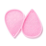Food Grade Pendant Silicone Molds, for Earring Makings, Bakeware Tools, For DIY Cake Decoration, Chocolate, Candy Mold, Teardrop with Flower Pattern, Pink, 53x65x5mm, Hole: 2mm, Inner Diameter: 50x31.5mm(DIY-D050-16)