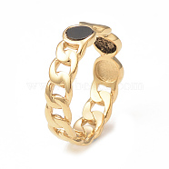 Resin Imitation Shell Flat Round Finger Ring, Real 14K Gold Plated 304 Stainless Steel Hollow Ring for Women, Black, US Size 6(16.5mm)(RJEW-I096-05G-B)