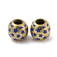 Brass Enamel European Beads, Large Hole Beads, Golden, Round with Star, Blue, 13x12mm, Hole: 5mm(FIND-E044-15G-02)