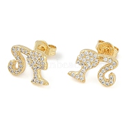 Rack Plating Girl Brass Pave Cubic Zirconia Stud Earrings for Women, Long-Lasting Plated, Lead Free & Cadmium Free, Real 18K Gold Plated, 10x11mm(EJEW-Z059-11G)