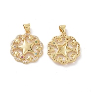 Brass Cubic Zirconia Pendants, Flower with Star Charm, Real 18K Gold Plated, 23x20x3mm, Hole: 3.5x5mm(KK-G453-15G)