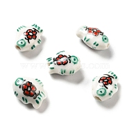 Handmade Printed Porcelain Beads, Fish, Green, 14.5~15x11.5~12x7~7.5mm, Hole: 1.6mm(PORC-F005-03E)