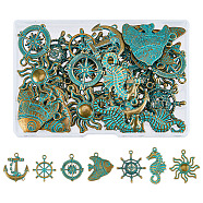 42Pcs 7 Styles Ocean Theme Alloy Pendants, Mixed Shapes, Golden & Green Patina, 28~38x20~34x2~5mm, Hole: 2~3mm, 6pcs/style(FIND-FH0006-32)
