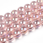 Electroplate Transparent Glass Beads Strands, AB Color Plated, Round, Misty Rose, 9.5~10mm, Hole: 1.5mm, about 40~42pcs/strand, 14.76~15.12 inch(37.5~38.4cm)(GLAA-T032-T10mm-AB10)