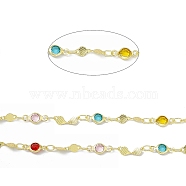 Handmade Brass Flat Round & Twist Link Chains, with Colorful Glass Beaded, Soldered, with Spool, Real 18K Gold Plated, 11x3.5x0.3mm and 10x4.5x1.8mm(CHC-F015-08G)