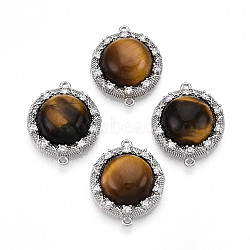 Natural Tiger Eye Connector Charms, Brass Micro Pave Clear Cubic Zirconia Flat Round Links, Platinum, 16x19.5x6.5mm, Hole: 1mm(KK-N258-12P)