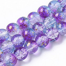 Transparent Spray Painted Crackle Glass Bead Strands, with Golden Foil, Round, Medium Orchid, 8~9mm, Hole: 1.2~1.5mm, about 46~56pcs/Strand, 14.37 inch~16.3 inch(36.5~41.4cm)(GLAA-N035-03C-A03)