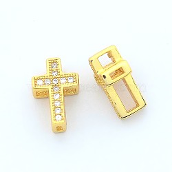 Fashionable Hollow Cross Brass Micro Pave Cubic Zirconia Beads, Cadmium Free & Nickel Free & Lead Free, Real 18K Gold Plated, 11x7.5x5mm, Hole: 2x1~4x2mm(ZIRC-N002-80G)