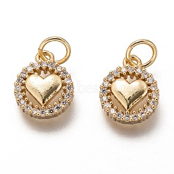 Brass Micro Pave Clear Cubic Zirconia Charms, Long-Lasting Plated, with Jump Ring, Flat Round with Heart, Golden, 12x9x2mm, Jump Ring: 5x1mm, 3mm Inner Diameter(ZIRC-C020-66G)