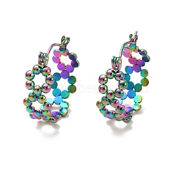 Ion Plating(IP) 304 Stainless Steel Beaded Ring Hoop Earrings for Women, Rainbow Color, 19x7.5mm, Pin: 0.7mm(EJEW-P202-02MC)