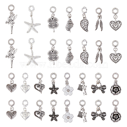 30Pcs 15 Styles Tibetan Style Alloy European Dangle Charms, Large Hole Pendants, Flower & Heart & Starfish, Mixed Shapes, Antique Silver, 23~35mm, Hole: 4.5~5mm, 2pcs/style(FIND-FH0008-46)