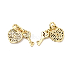 Brass Micro Pave Clear Cubic Zirconia Charms, with Jump Ring, Heart Lock & Key Charm, Real 18K Gold Plated, Heart: 13.5x11x1.5mm, Key: 13x6x1.7mm, Hole: 3.5mm(KK-E068-VB178)