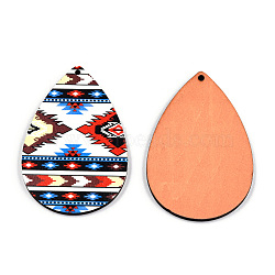 Single Face Printed Basswood Big Pendants, Teardrop Charm, Red, 60x40x3mm, Hole: 2mm(WOOD-N006-199-03)