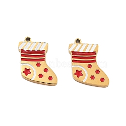 Ion Plating(IP) 304 Stainless Steel Pendants, Christmas Theme Enamel Charms, Golden, Christmas Socking, 13.5x11x1.5mm, Hole: 1mm(STAS-S140-03F)