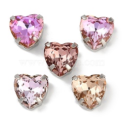 Brass Glass Rhinestone Sew on Rhinestones, Heart, Mixed Color, Platinum, 10x10x7mm, Hole: 1.2mm(RGLA-B004-03B-P)