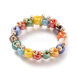 Round Glass Seed Beaded Finger Rings, with Real 18K Gold Plated Copper Wire, Colorful, US Size 10 3/4(20.3mm)(RJEW-JR00307-01)