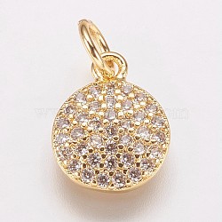 Brass Cubic Zirconia Pendants, Flat Round Charms, Golden, 10x8x2mm, Hole: 3mm(ZIRC-K070-21G)