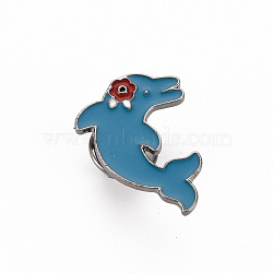 Rack Plating Alloy Enamel Brooches, Enamel Pins, with Brass Butterfly Clutches, Dolphin with Flower, Cadmium Free & Nickel Free & Lead Free, Gunmetal, Steel Blue, 26x18mm, Pin: 1mm(JEWB-S011-159-NR)