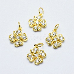 Brass Micro Pave Cubic Zirconia Charms, Long-Lasting Plated, Lead Free & Nickel Free & Cadmium Free, Clover, Real 18K Gold Plated, 14x11.5x2mm, Hole: 3mm(RB-I078-65G-NR)