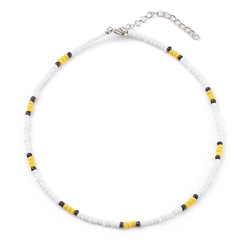 Round Opaque Colours Glass Seed Beaded Necklaces, with Alloy Lobster Claw Clasps, Platinum, Yellow, 14.76 inch(37.5cm)