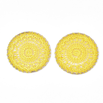 Polyester Woven Pendant Decorations, with Iron Findings, Flat Round, Light Gold, Gold, 46x1.5mm