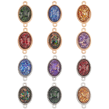 12Pcs 12 Styles Resin Imitation Opal Connector Charms, with Platinum & Light Gold Plated Alloy Findings, Half Oval, Mixed Color, 22x13x6mm, Hole: 1.8mm, 1pc/style