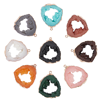Druzy Resin Pendants, Imitation Geode Druzy Agate Slices, with Edge Light Gold Plated Iron Loops, Nuggets, Mixed Color, 38~39x32.5~33.5x7~8mm, Hole: 1.6mm, 9 colors, 2pcs/color, 18pcs/box
