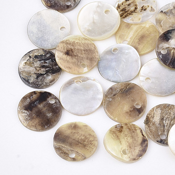 Natural Akoya Shell Charms, Mother of Pearl Shell Pendants, Flat Round, Tan, 11~11.5x1~2.5mm, Hole: 1.4mm