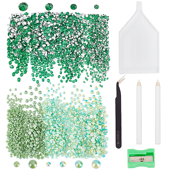 Nbeads DIY Diamond Painting Making Kits, Including Acrylic Cabochons, Opaque Glass Cabochons, Stainless Steel Beading Curved Tweezers, Tray Plate, Pickers Pen, Plastic Pencil Sharpeners, Green