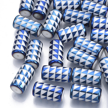 Electroplate Glass Beads, Column with Triangle Pattern, Dodger Blue, 20x10mm, Hole: 1.2mm, about 50pcs/bag