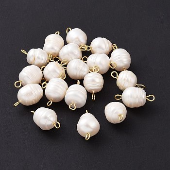 Grade B Natural Cultured Freshwater Pearl Connector Charms, with 304 Stainless Steel Double Loops, Polished Rice, Golden, 17.5x8.5mm, Hole: 1.8~3mm