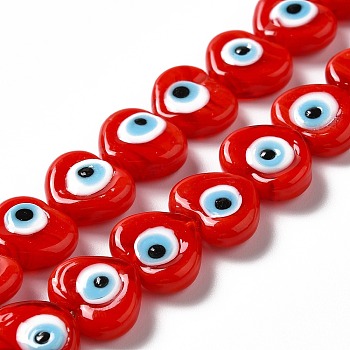 Handmade Evil Eye Lampwork Beads Strands, Heart, Red, 11.5x14x4.5mm, Hole: 1.2mm, about 28pcs/strand, 12.40''(31.5cm)
