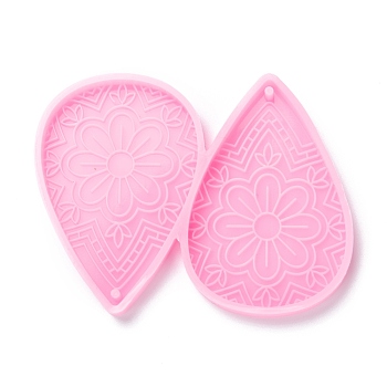 Food Grade Pendant Silicone Molds, for Earring Makings, Bakeware Tools, For DIY Cake Decoration, Chocolate, Candy Mold, Teardrop with Flower Pattern, Pink, 53x65x5mm, Hole: 2mm, Inner Diameter: 50x31.5mm