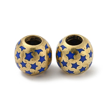 Brass Enamel European Beads, Large Hole Beads, Golden, Round with Star, Blue, 13x12mm, Hole: 5mm