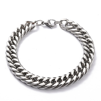 304 Stainless Steel Cuban Link Chain Bracelets, with Lobster Claw Clasps, Faceted, Stainless Steel Color, 8-7/8x3/8 inch(22.5x1cm)