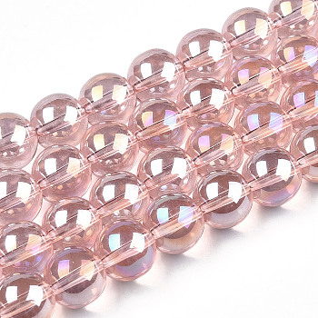 Electroplate Transparent Glass Beads Strands, AB Color Plated, Round, Misty Rose, 9.5~10mm, Hole: 1.5mm, about 40~42pcs/strand, 14.76~15.12 inch(37.5~38.4cm)