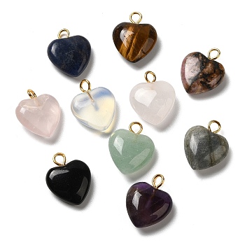 Natural & Synthetic Mixed Gemstone Pendants, Heart Charms with Golden Plated Brass Loops, 15~15.5x12~12.5x4.5~5.5mm, Hole: 2mm