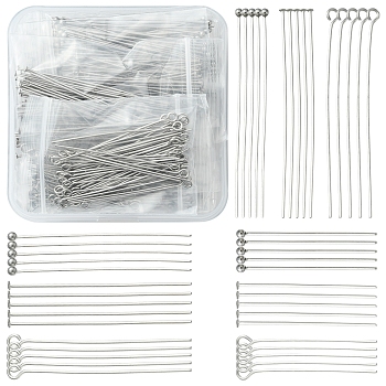 540Pcs 9 Styles 304 Stainless Steel Pin Sets, Including Eye Pins & Flat Head Pins & Ball Head Pins, Stainless Steel Color, 21 Gauge, 30~50x0.7mm, 60pcs/style