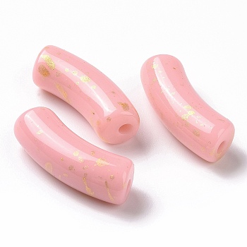 Opaque Acrylic Beads, with Glitter Powder, Curved Tube, Pink, 34.5x13.5x11.5mm, Hole: 3.1mm