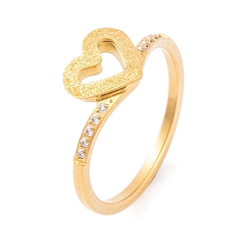 304 Stainless Steel Heart Finger Ring for Women, with Clear Cubic Zirconia, Golden, US Size 6~9(16.5~18.9mm)