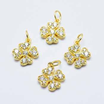 Brass Micro Pave Cubic Zirconia Charms, Long-Lasting Plated, Lead Free & Nickel Free & Cadmium Free, Clover, Real 18K Gold Plated, 14x11.5x2mm, Hole: 3mm