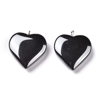 Non-magnetic Synthetic Hematite Pendants, with Platinum Plated Brass Loop, Heart, 23x20x5mm, Hole: 2mm